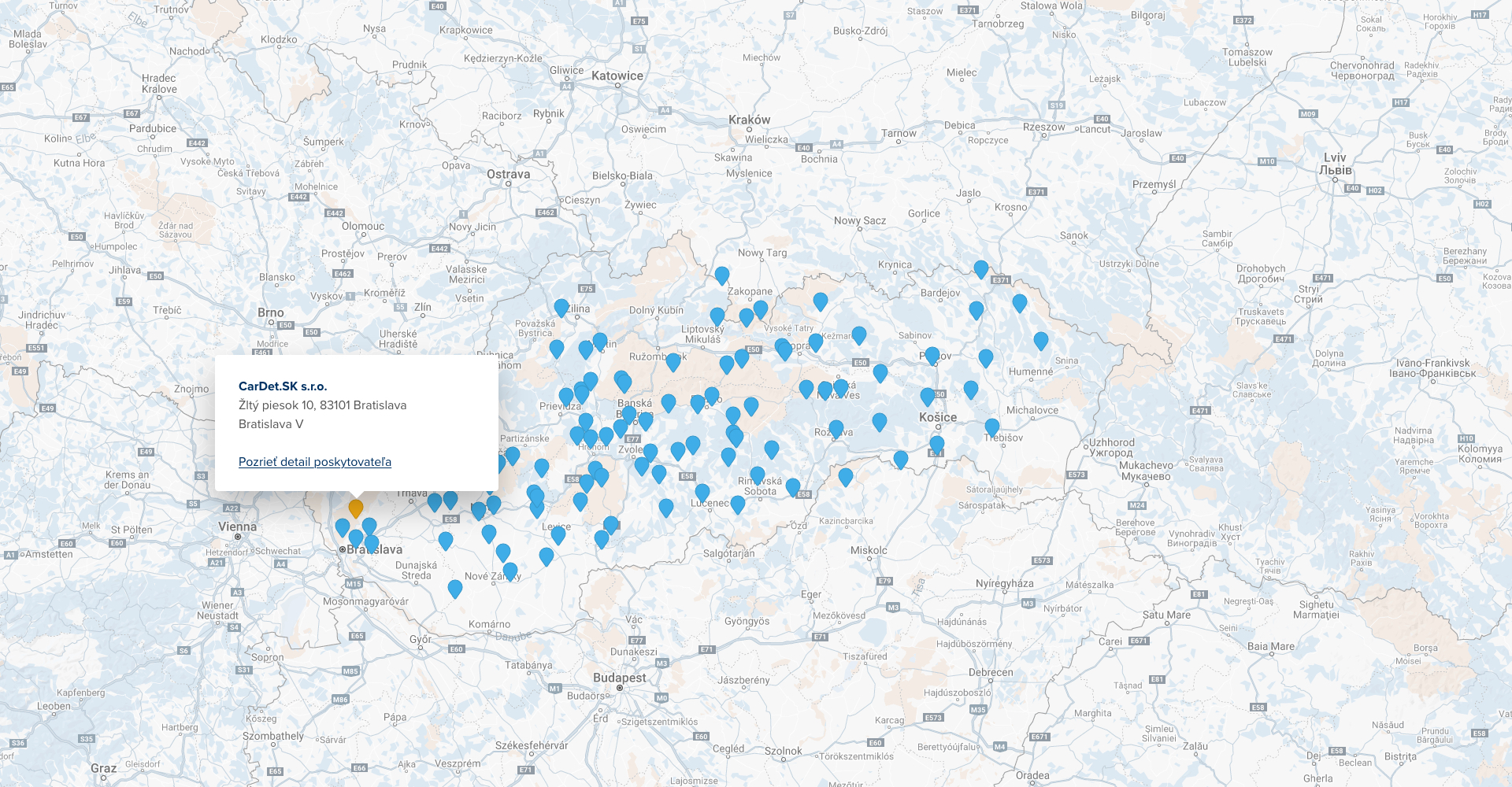 Mapa Slovenska s vyznačenými poskytovateľmi a detailom poskytovateľa údajov z RPZV.