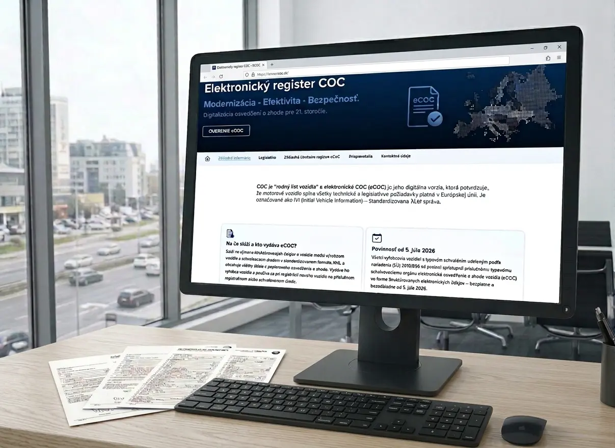 papierové CoC položené na stole a eCoC zobrazené na monitore počítača