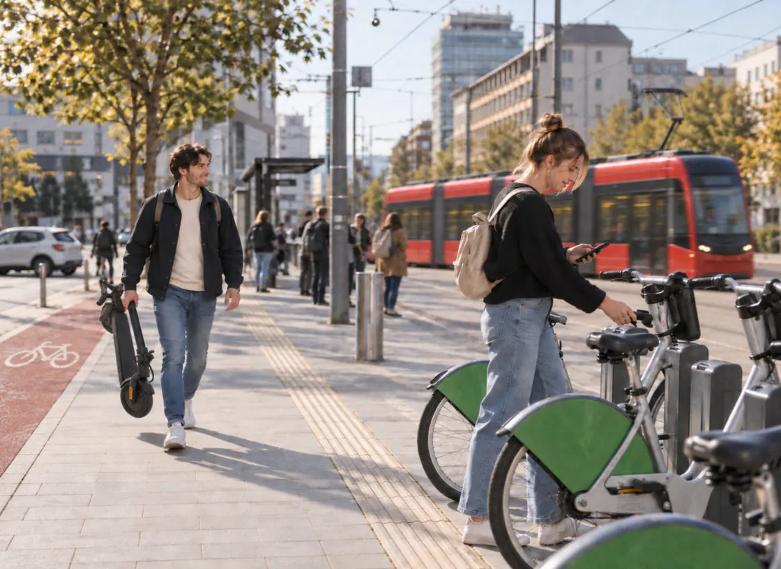 Mladí ľudia pri zdieľaných bicykloch, električke a cyklotrase v meste, muž nesie zloženú elektrokolobežku, žena platí za prenájom bicykla.