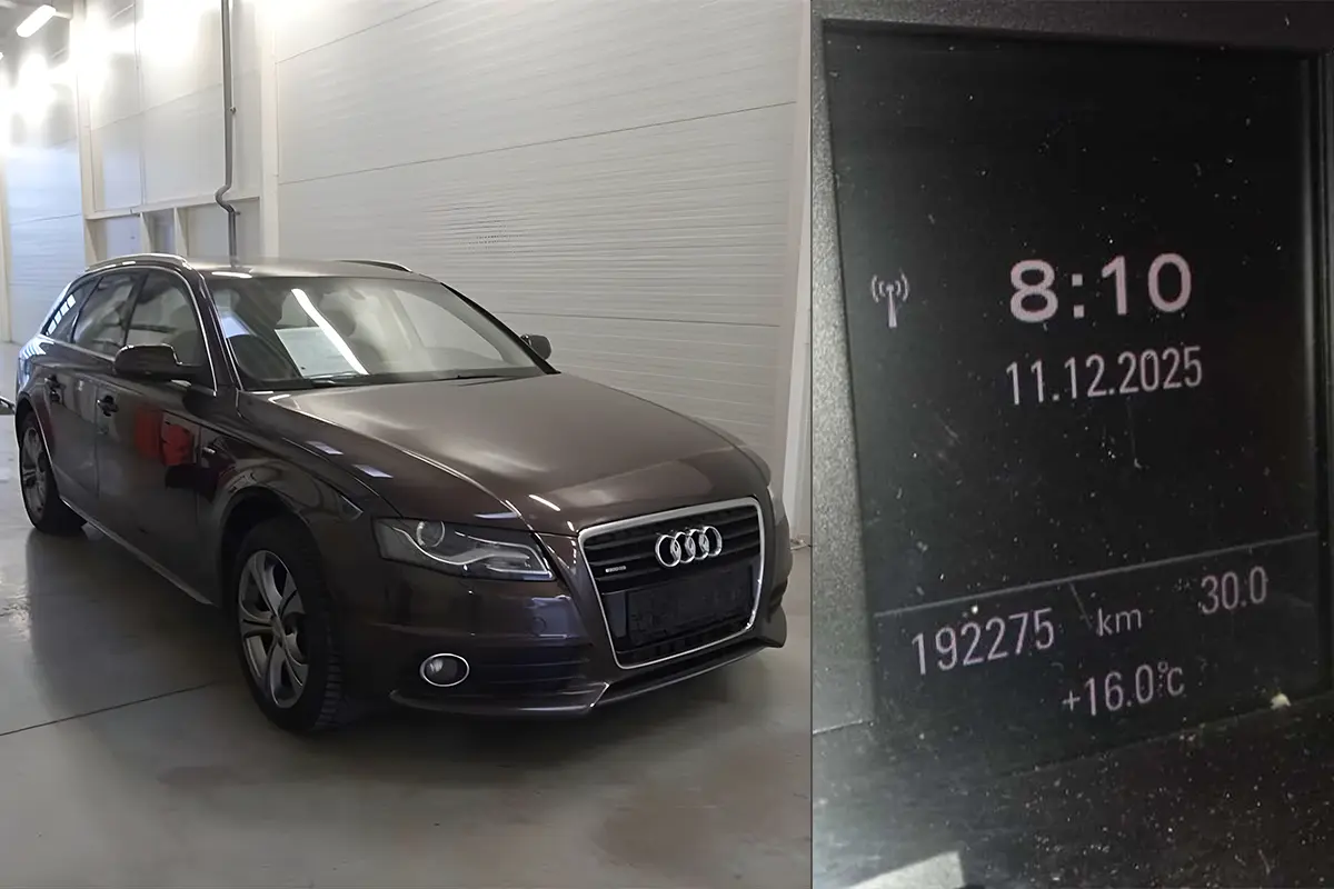 Audi A4 na fotkách z kontroly originality, ktorého odometer bol „stočený“ o 187 050 kilometrov.