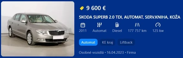 Ilustračné inzeráty zobrazujúce cenový rozdiel pre auto Škoda Superb, ročník 2011 s podobným rozdielom najazdených kilometrov ako u p. Mareka