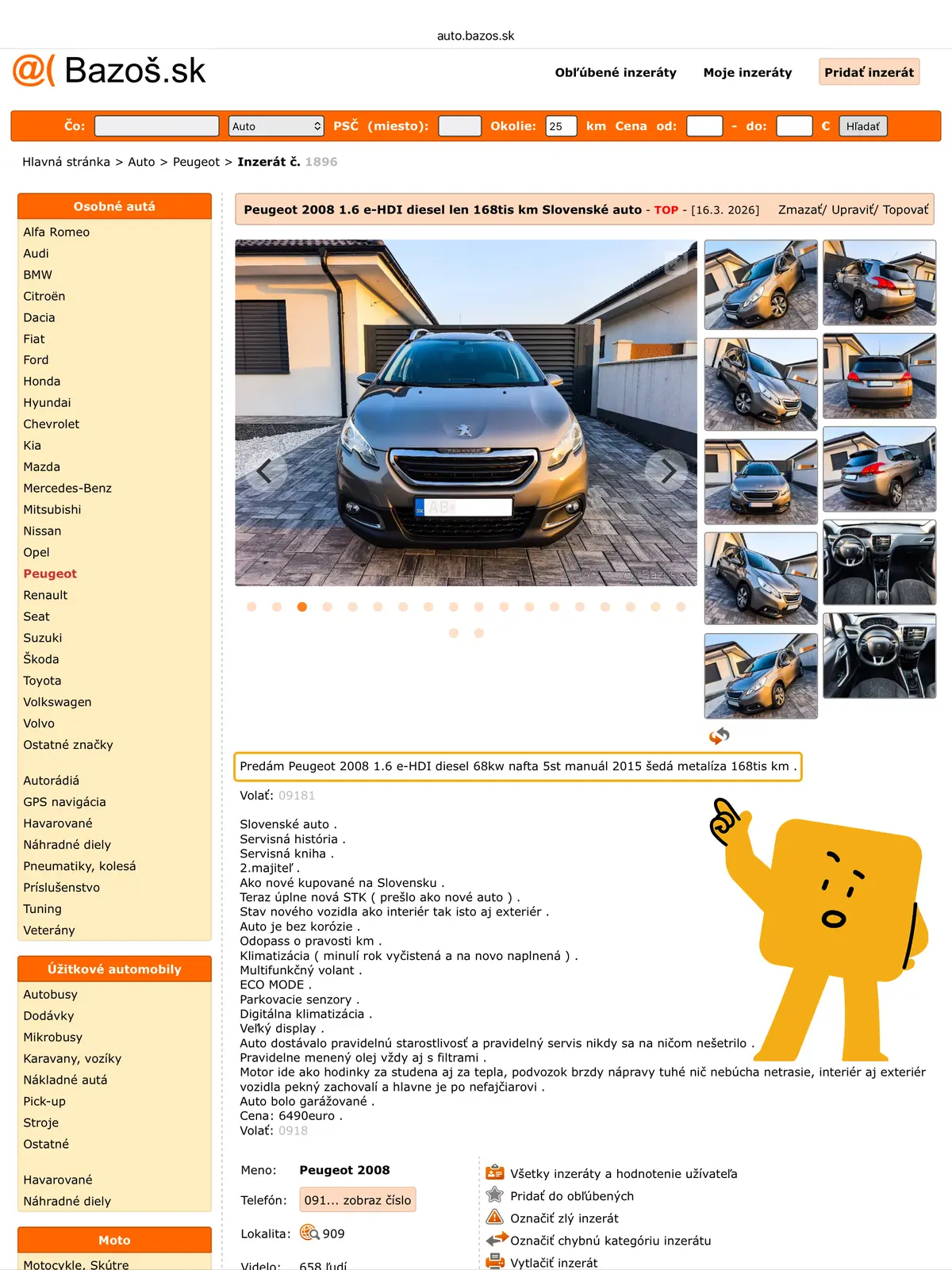 inzerát z bazos.sk zobrazujúci Peugeot 2008 s upraveným stavom odometra