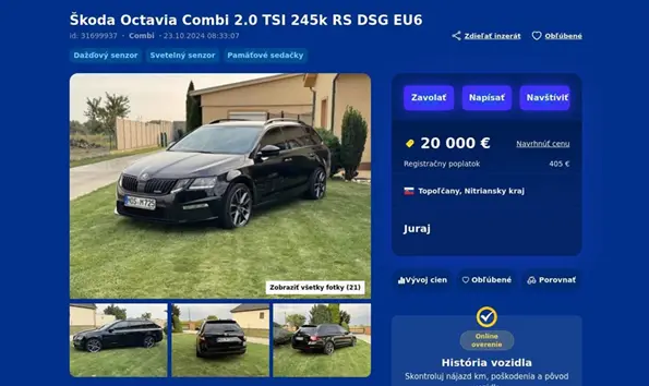 FOctavia na známom inzertnom portáli v októbri 2024, kedy sa predávala za 20 000 €. Octavia na známom inzertnom portáli v októbri 2024, kedy sa predávala za 20 000 €.