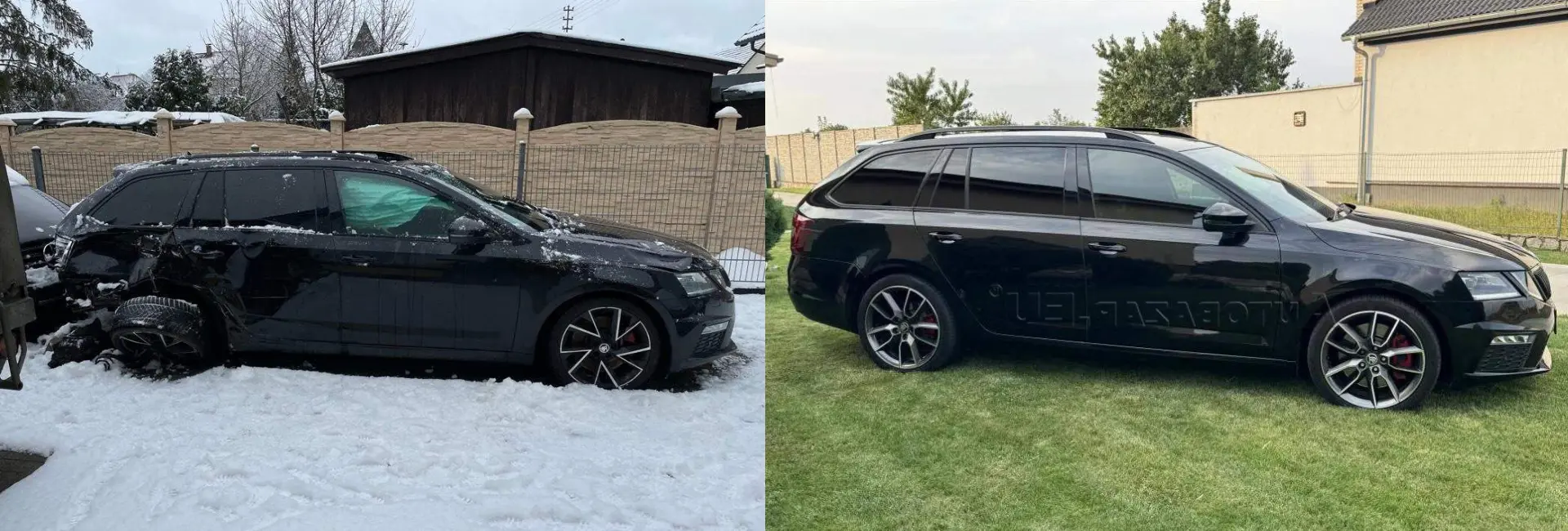 Fotografia haváriou poškodenej Škody Octavia RS v porovnaní s fotografiou po oprave v inzeráte na Slovensku. Fotografia haváriou poškodenej Škody Octavia RS v porovnaní s fotografiou po oprave v inzeráte na Slovensku.
