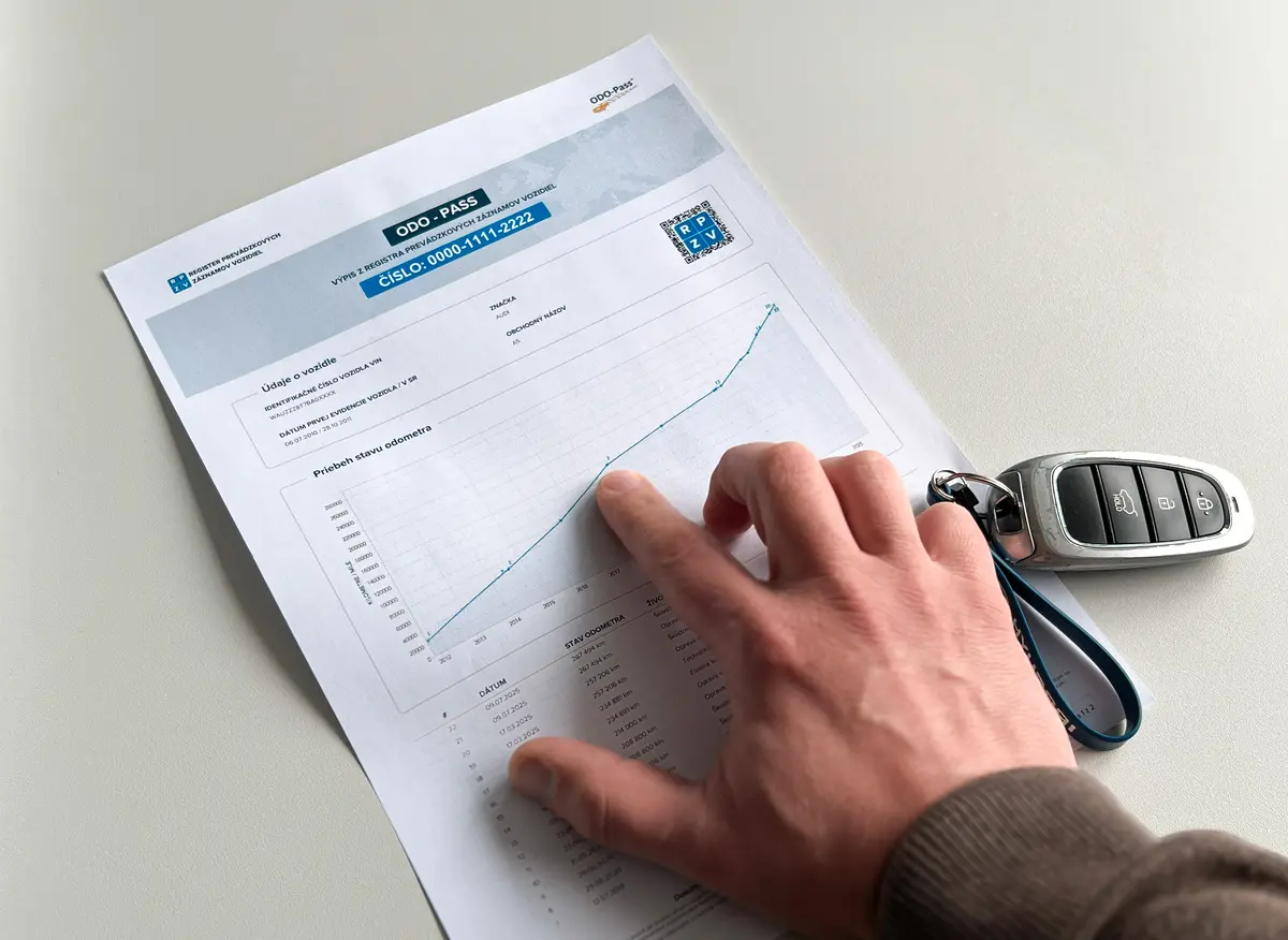 Ruka ukazuje na vytlačený ODO-Pass, položený na stole vedľa kľúčov od auta.